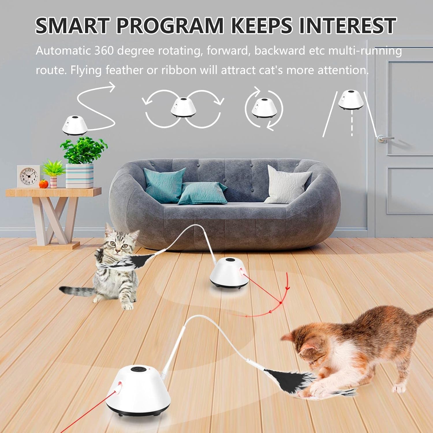 Cat Toy, Interactive Cat Toys for Indoor Cats Exercise, Automated Cat Light Toy with Light and Feathers, Self Rotating Auto Moving Kitten Toys, 3 Modes Electric Cat Toy, Robotic Cat Toy