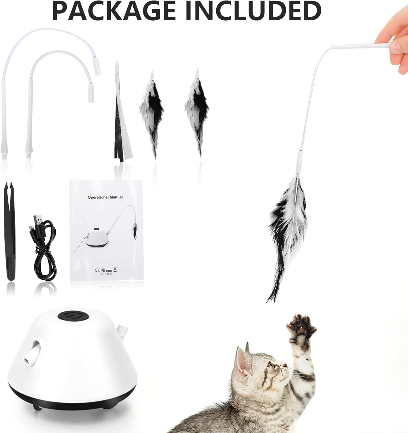 Cat Toy, Interactive Cat Toys for Indoor Cats Exercise, Automated Cat Light Toy with Light and Feathers, Self Rotating Auto Moving Kitten Toys, 3 Modes Electric Cat Toy, Robotic Cat Toy
